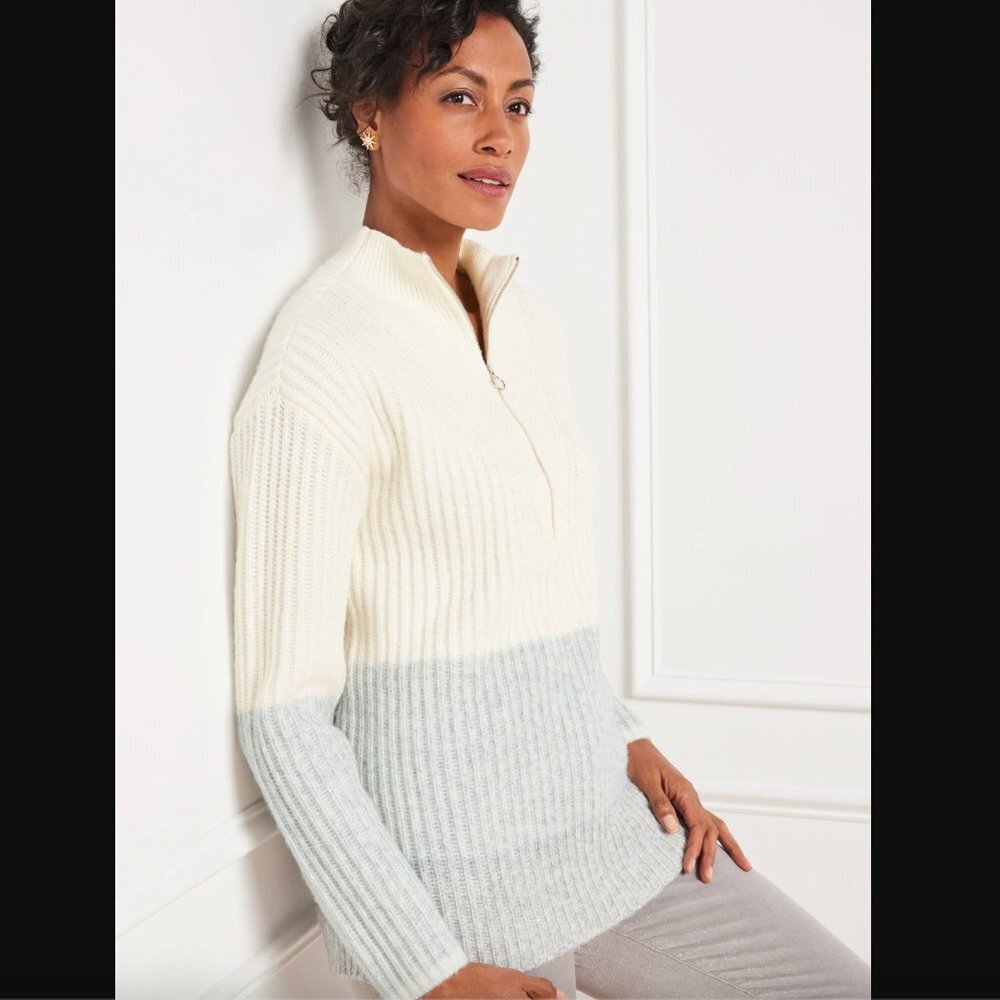 Talbots Zip Collar Color Block Sweater In Ivory/V… - image 1